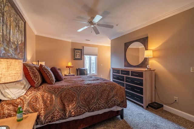 carpeted bedroom with crown molding and ceiling fan