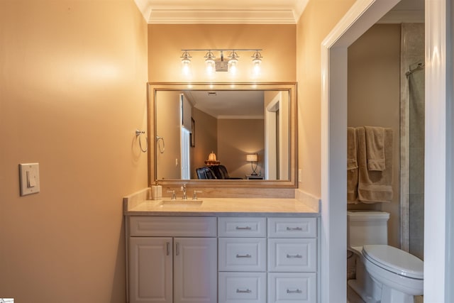 bathroom featuring vanity, crown molding, toilet, and walk in shower