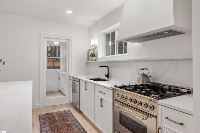 kitchen with premium range hood, appliances with stainless steel finishes, white cabinetry, sink, and light wood-type flooring