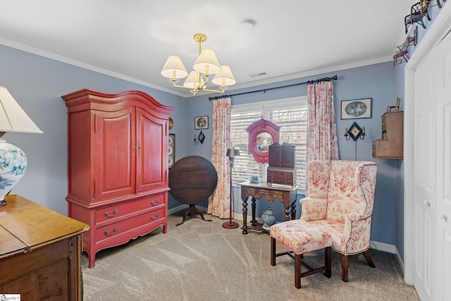 sitting room with ornamental molding, light carpet, and a chandelier