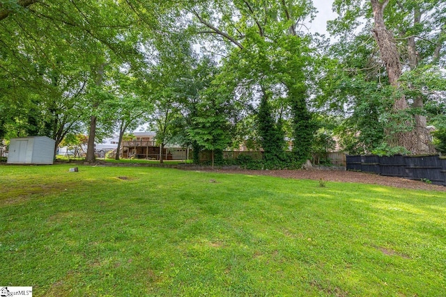 view of yard with an outbuilding, a shed, and a fenced backyard