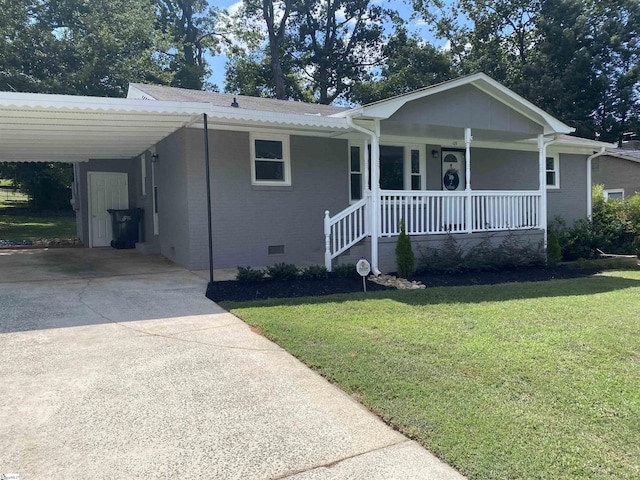 ranch-style house with brick siding, a porch, a front yard, crawl space, and driveway