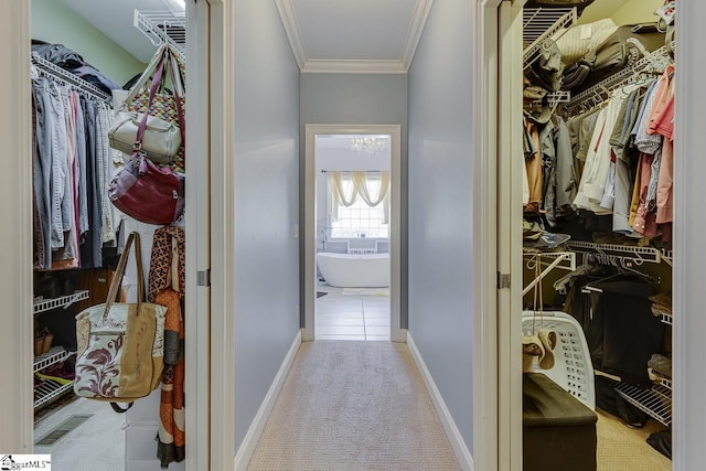 hall featuring ornamental molding and light carpet