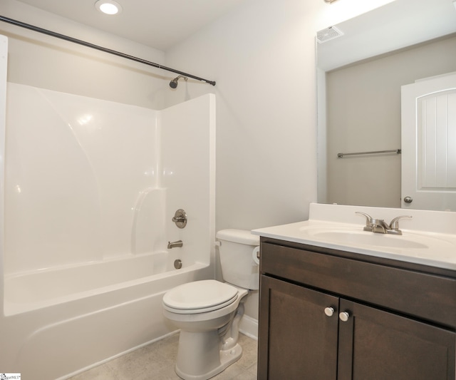 full bathroom with vanity, toilet, shower / bath combination, and tile patterned flooring