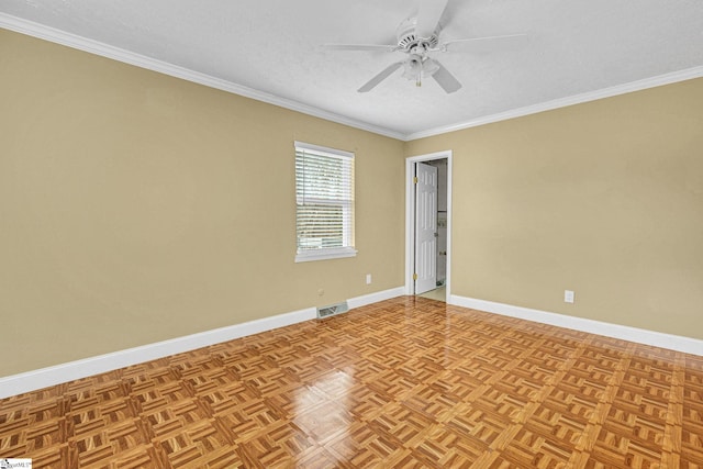 unfurnished room with light parquet floors, crown molding, a textured ceiling, and ceiling fan