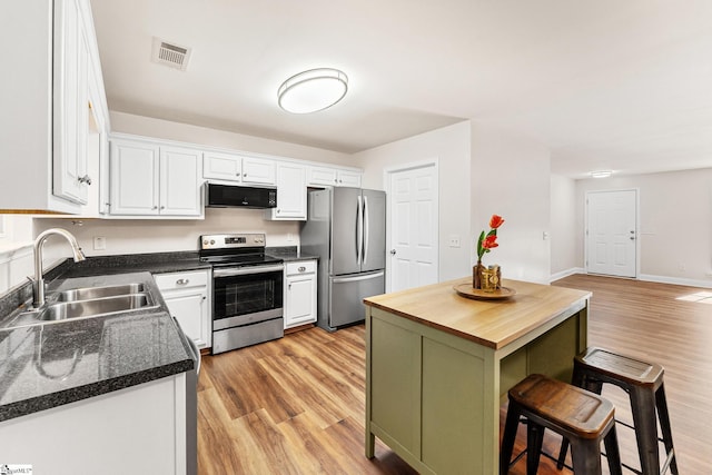 kitchen featuring white cabinetry, appliances with stainless steel finishes, light hardwood / wood-style floors, and sink