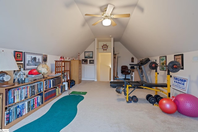 exercise area featuring lofted ceiling, carpet flooring, and ceiling fan