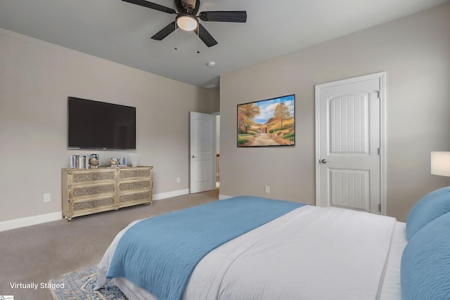 bedroom featuring ceiling fan and carpet floors