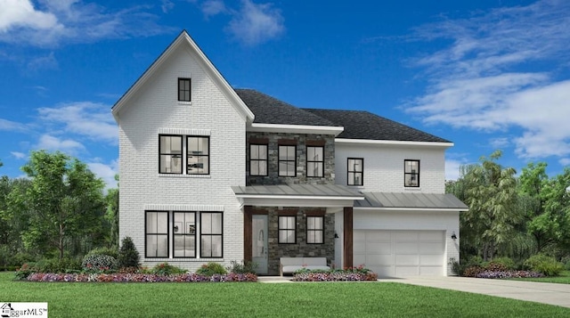 modern farmhouse style home with brick siding, a front lawn, and a garage