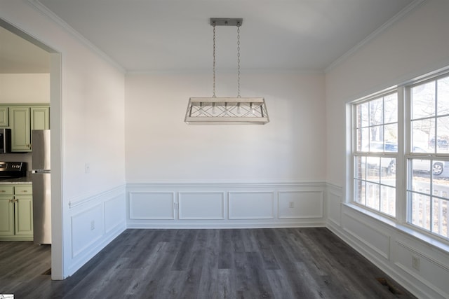 unfurnished dining area with dark wood-type flooring and ornamental molding