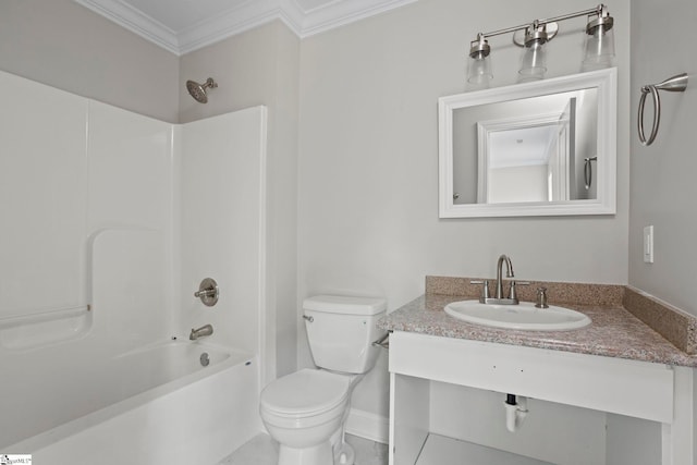 full bathroom with shower / tub combination, vanity, crown molding, and toilet