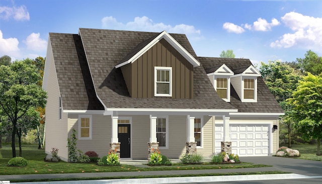 view of front facade featuring a porch, board and batten siding, and concrete driveway