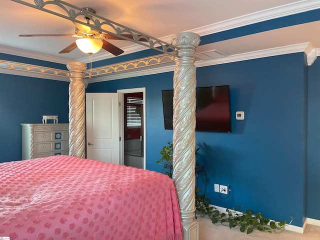 carpeted bedroom with crown molding and ceiling fan