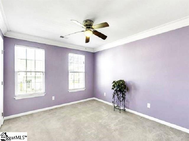 spare room featuring crown molding, carpet floors, and ceiling fan