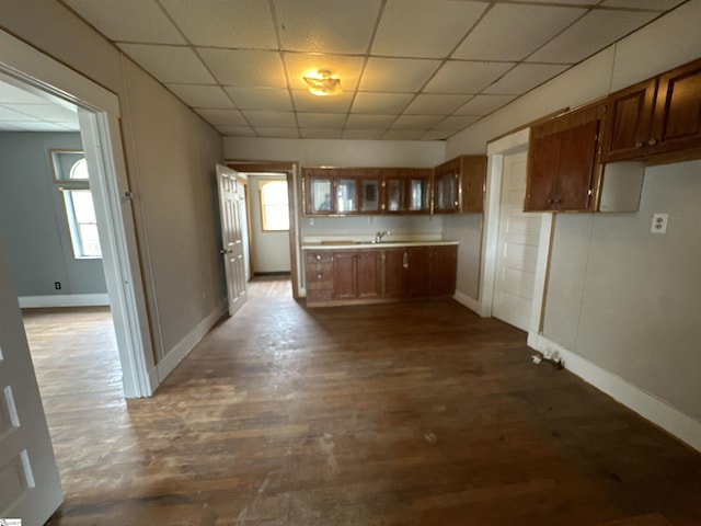 kitchen with dark hardwood / wood-style flooring, sink, and a drop ceiling