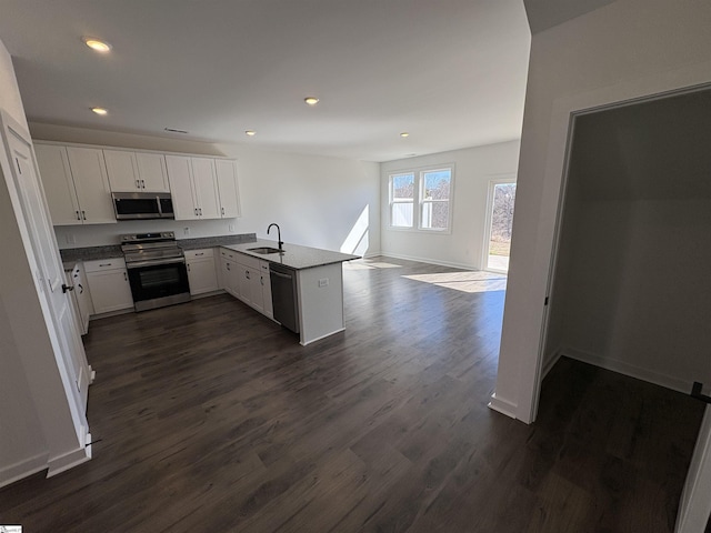 kitchen with sink, stainless steel appliances, white cabinets, dark hardwood / wood-style flooring, and kitchen peninsula