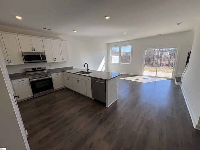 kitchen with white cabinetry, stainless steel appliances, and kitchen peninsula