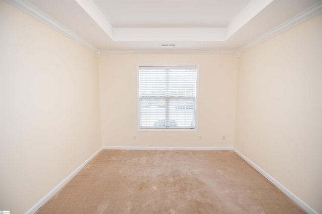 empty room featuring crown molding, a tray ceiling, and light carpet