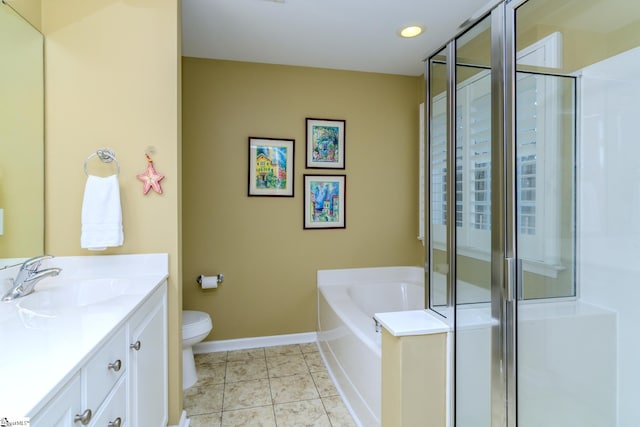 full bathroom featuring tile patterned flooring, vanity, independent shower and bath, and toilet