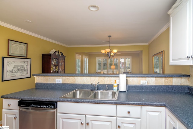 kitchen with sink, crown molding, white cabinetry, a notable chandelier, and stainless steel dishwasher