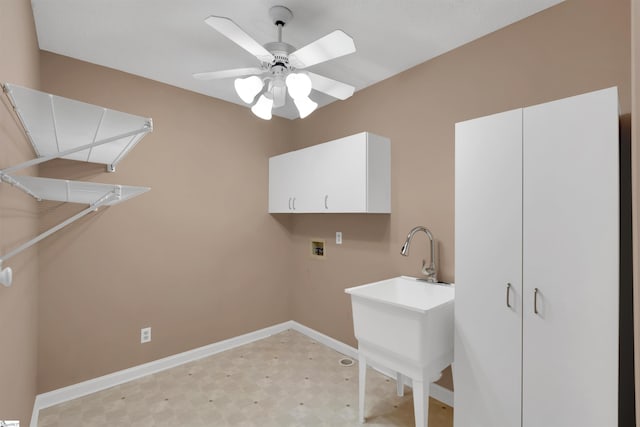 laundry area featuring ceiling fan, cabinets, and hookup for a washing machine
