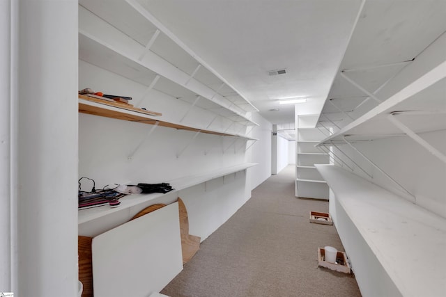 walk in closet featuring light colored carpet