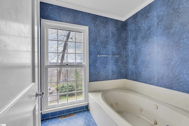 bathroom with crown molding, tile patterned floors, and a bath