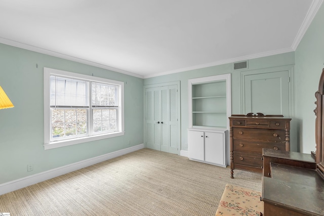 living area with light colored carpet, ornamental molding, and built in features