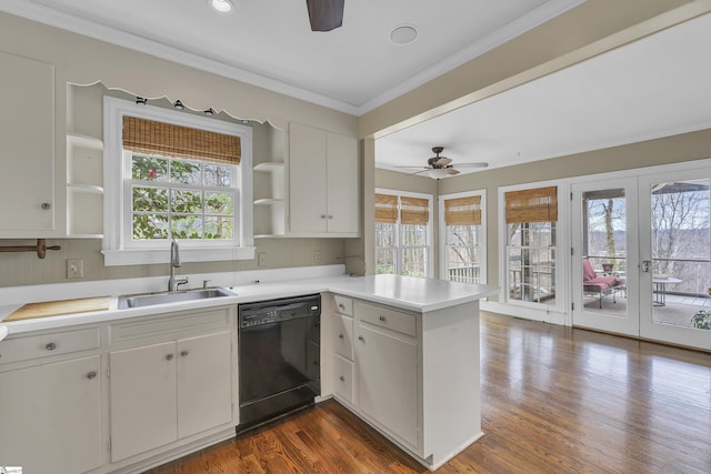 kitchen with sink, crown molding, dishwasher, white cabinetry, and kitchen peninsula