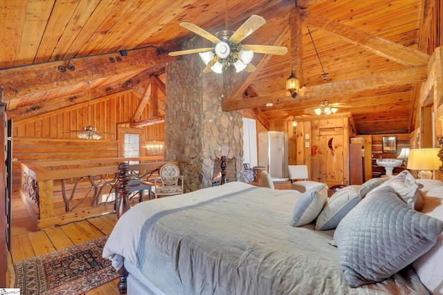 bedroom with wood ceiling, vaulted ceiling with beams, hardwood / wood-style floors, and wood walls