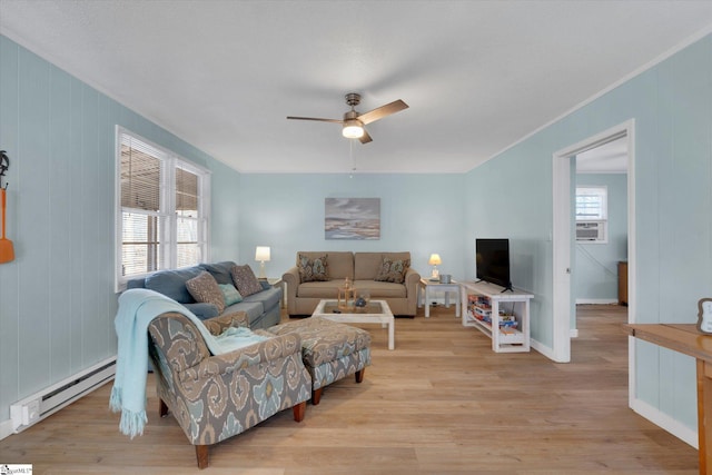 living room with light wood-type flooring, ceiling fan, and baseboard heating