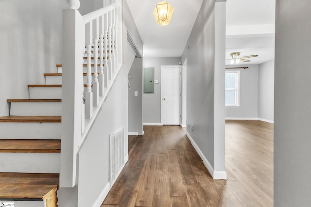 interior space featuring ceiling fan, wood-type flooring, and electric panel