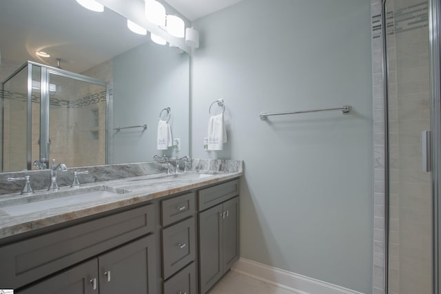 bathroom with tile patterned flooring, vanity, and walk in shower