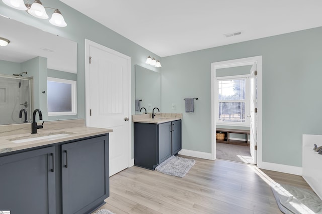 bathroom featuring vanity, hardwood / wood-style flooring, and a shower with door