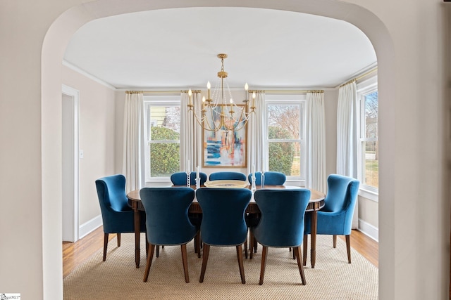 dining room featuring plenty of natural light, light hardwood / wood-style flooring, and a notable chandelier