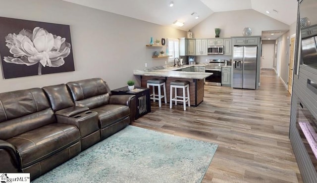 living room featuring sink, light hardwood / wood-style floors, and high vaulted ceiling