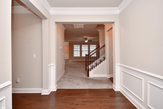 hallway featuring ornamental molding and dark hardwood / wood-style floors