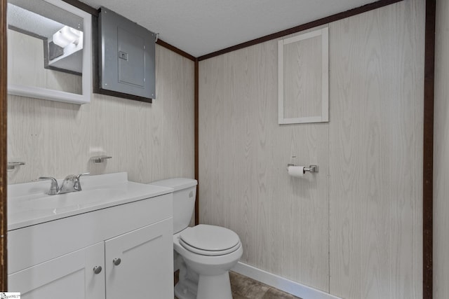 bathroom with vanity, electric panel, and toilet