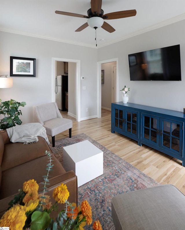 living room featuring crown molding, ceiling fan, and light hardwood / wood-style flooring