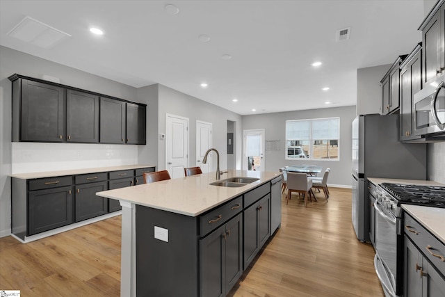 kitchen featuring sink, appliances with stainless steel finishes, an island with sink, light hardwood / wood-style floors, and decorative backsplash