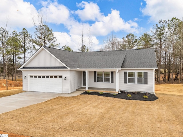 ranch-style house with a garage and a front lawn