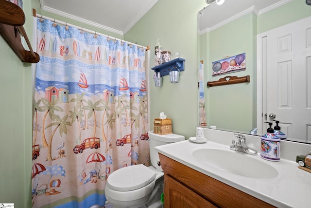 bathroom featuring vanity, crown molding, curtained shower, and toilet