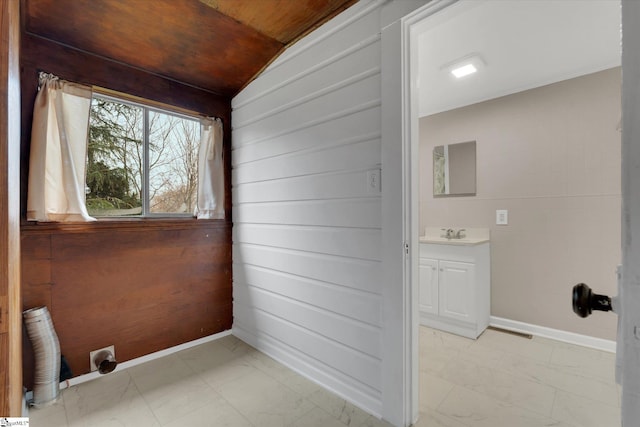 clothes washing area featuring sink and wooden walls