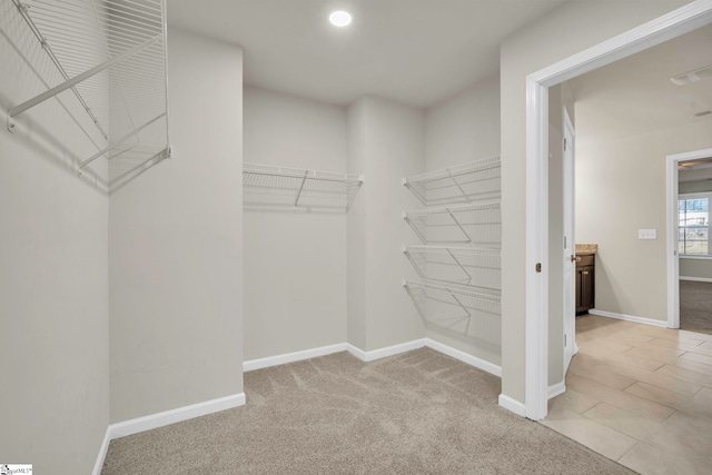 walk in closet featuring light carpet