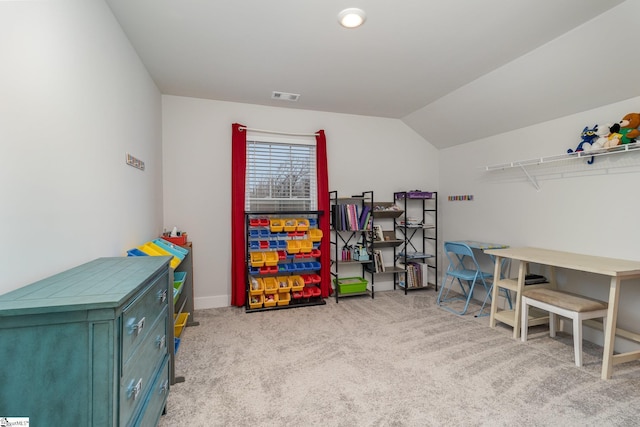 recreation room with lofted ceiling and light colored carpet