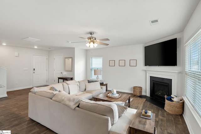 living room featuring ceiling fan, plenty of natural light, and dark hardwood / wood-style flooring