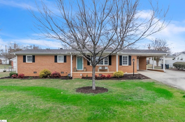 ranch-style house with a carport and a front lawn