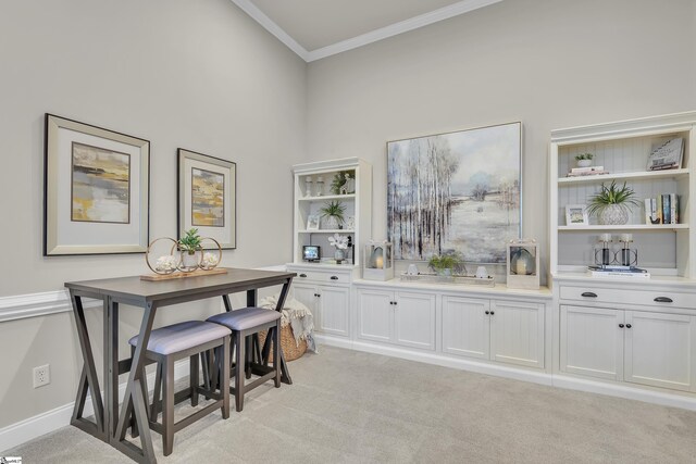 interior space with ornamental molding and light carpet