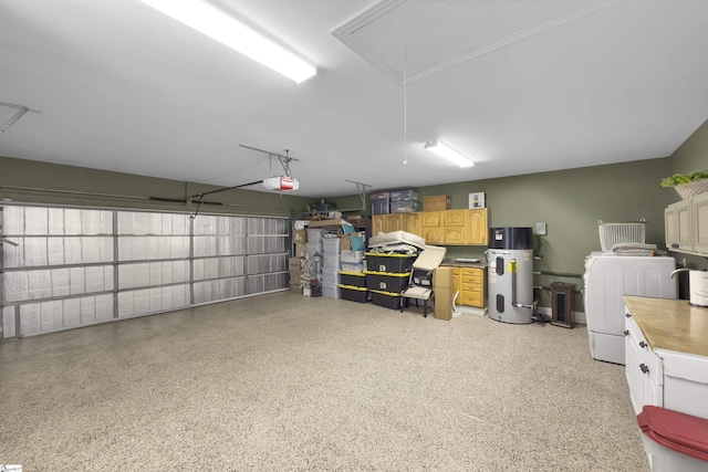 garage featuring water heater and a garage door opener