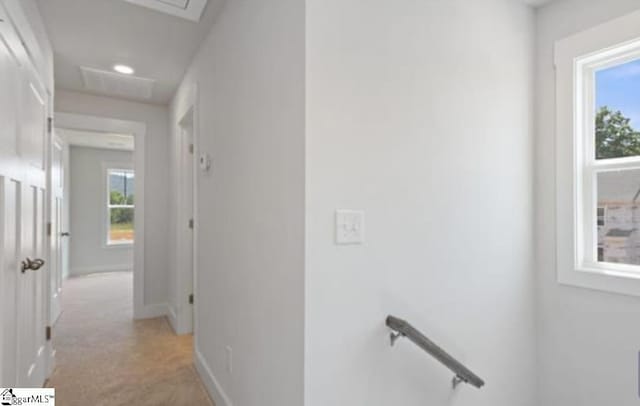 hallway featuring light colored carpet